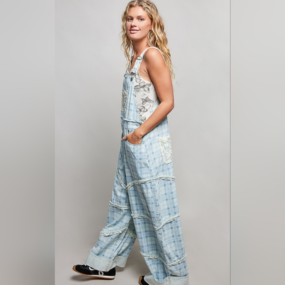 POL Light Blue Plaid Women Jeans Overalls - Picture 3 of 6